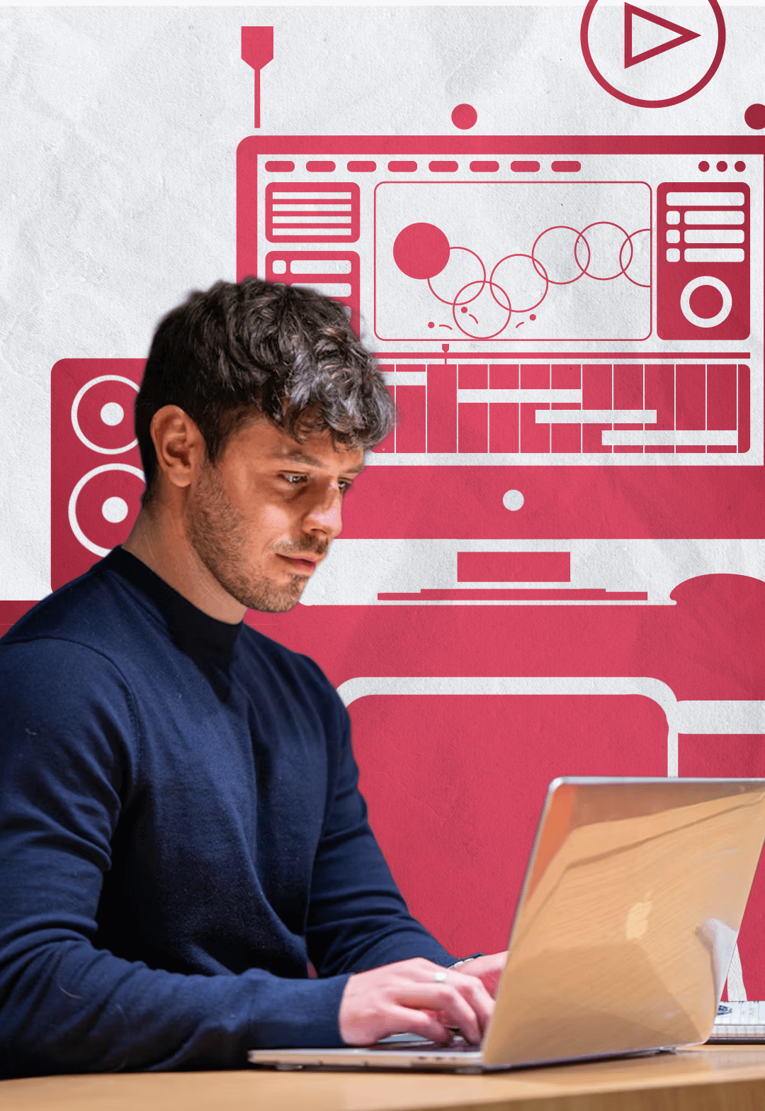 Profesional trabajando en laptop representando servicios de diseño gráfico, desarrollo web, campañas digitales y producción audiovisual
